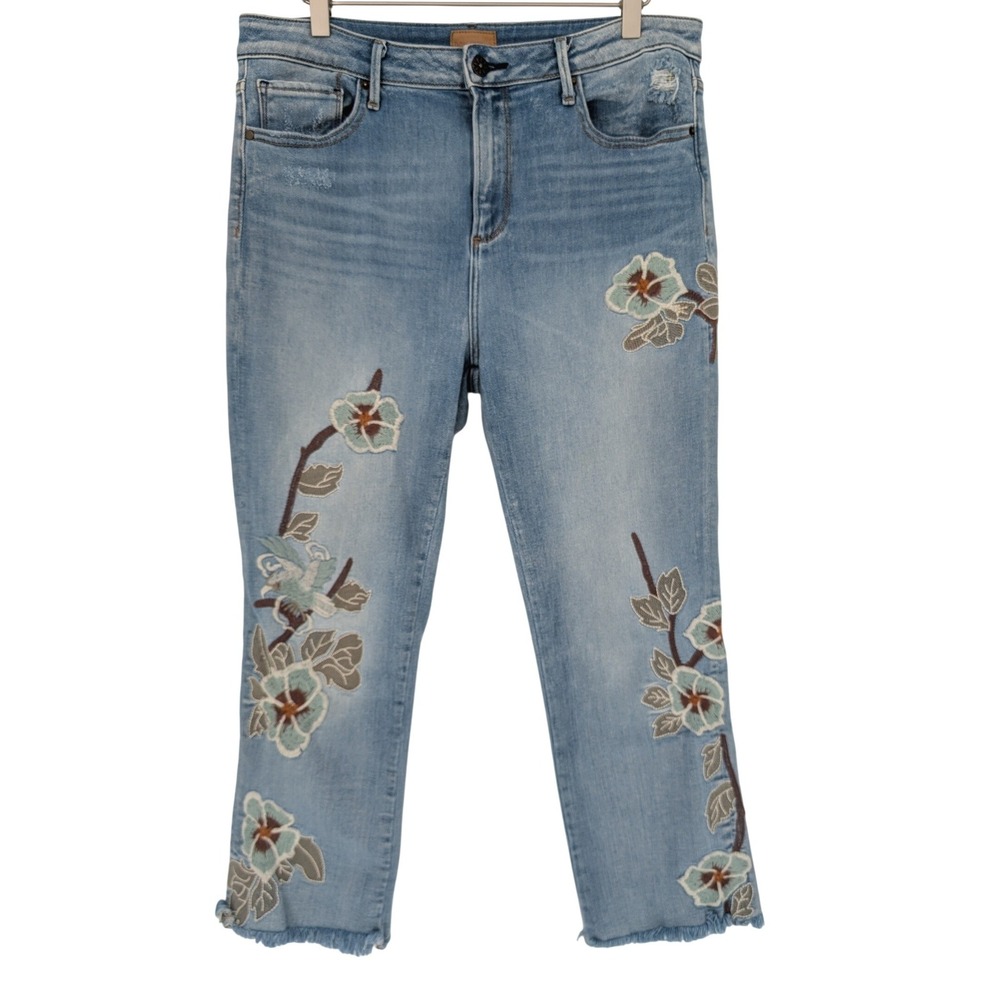 Driftwood Amelia Blue Floral Embroidered Jeans 32 Crop Straight Leg Boho Artsy